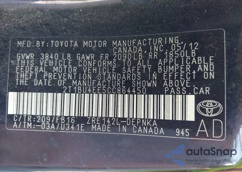 2012 Toyota Corolla Le из США, поврежденный, VIN 2T1BU4EE5CC864450